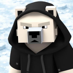 A polar bear wearing a black hoodie, animated in a Minecraft style, featuring a serious expression on its face