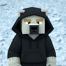 A polar bear wearing a black hoodie, animated in a Minecraft style, featuring a serious expression on its face