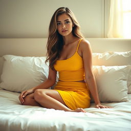 A beautiful European young woman sitting gracefully in bed, dressed in a vibrant yellow mini skirt and a fitted tank top