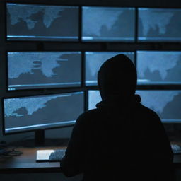 A hacker in a dimly lit room, eyes focused on multiple monitor screens showing a flurry of code, symbolizing mystery and anonymity.