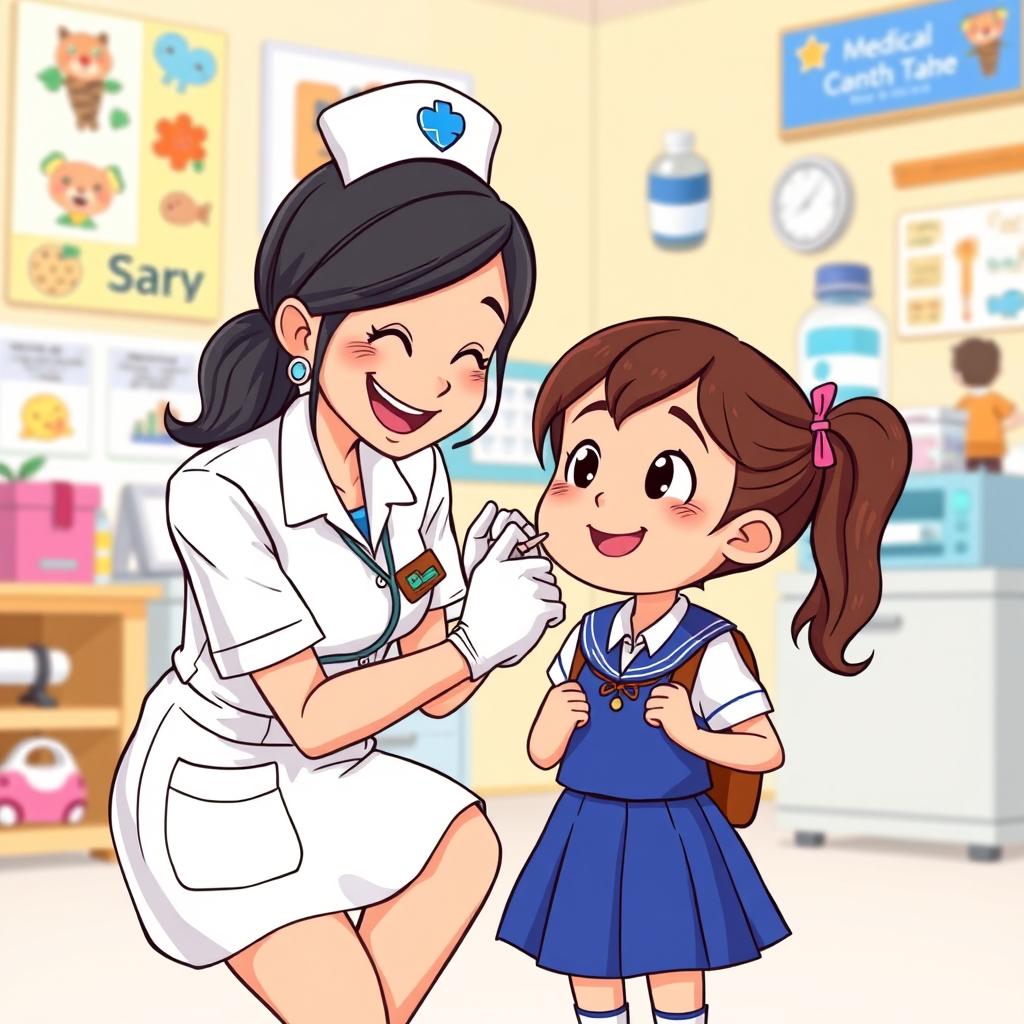 A cheerful cartoon scene featuring a nurse administering a vaccination to a happy little girl dressed in a school uniform