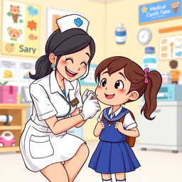 A cheerful cartoon scene featuring a nurse administering a vaccination to a happy little girl dressed in a school uniform