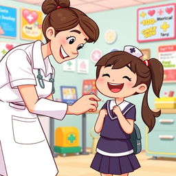 A cheerful cartoon scene featuring a nurse administering a vaccination to a happy little girl dressed in a school uniform