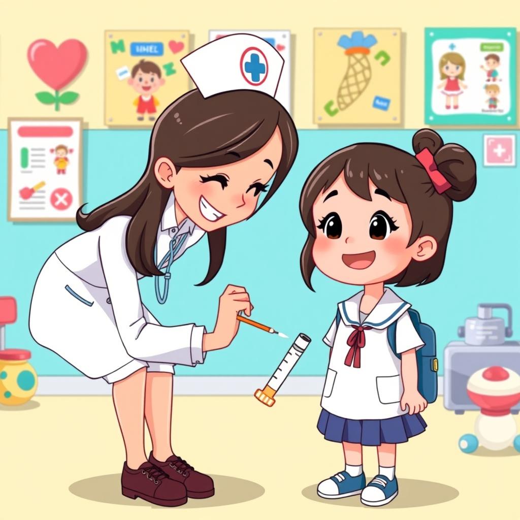 A cheerful cartoon scene featuring a nurse administering a vaccination to a happy little girl dressed in a school uniform