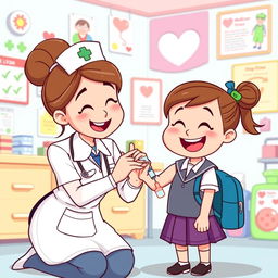 A cheerful cartoon scene featuring a nurse administering a vaccination to a happy little girl dressed in a school uniform