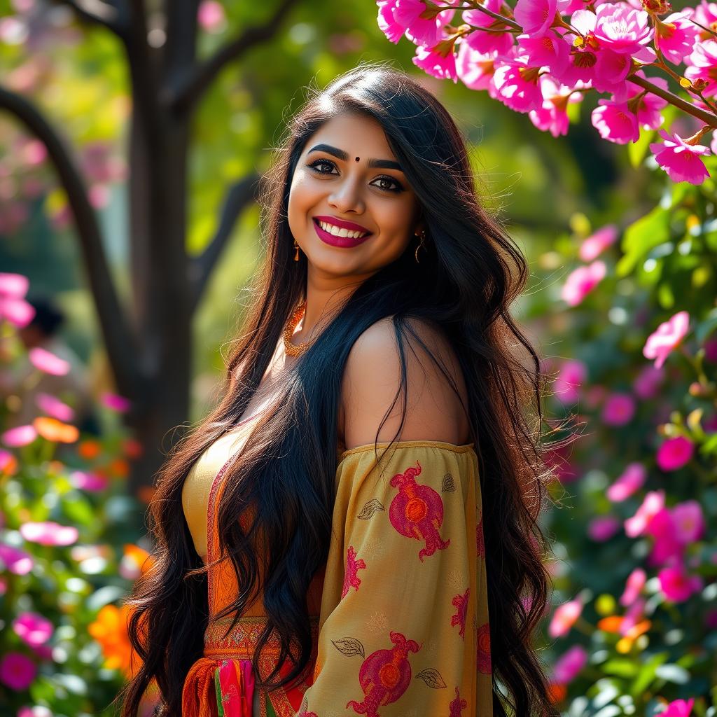 A beautiful Indian woman with long, flowing black hair and a curvy silhouette, standing confidently in an enchanting outdoor setting filled with vibrant flowers