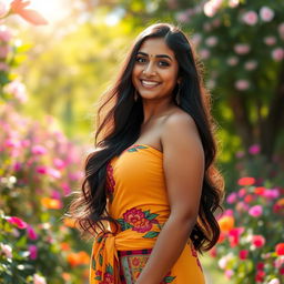 A beautiful Indian woman with long, flowing black hair and a curvy silhouette, standing confidently in an enchanting outdoor setting filled with vibrant flowers