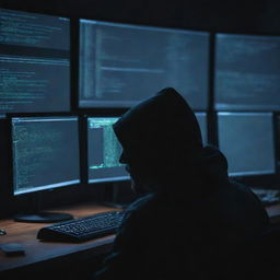 A hacker in a dimly lit room, eyes focused on multiple monitor screens showing a flurry of code, symbolizing mystery and anonymity.