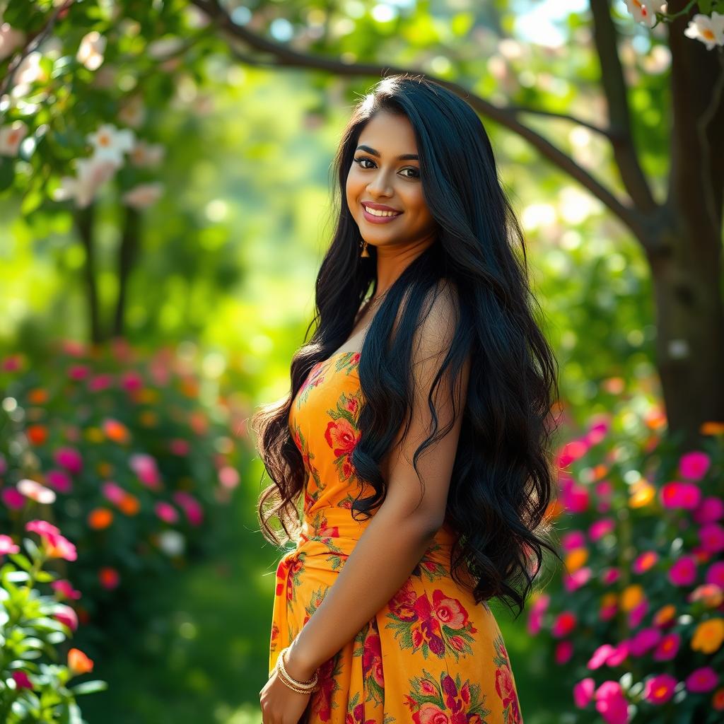 A beautiful Indian woman with long, flowing black hair and a curvy silhouette, standing confidently in an enchanting outdoor setting filled with vibrant flowers