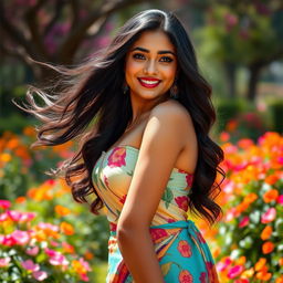 A beautiful Indian woman with long, flowing black hair and a curvy silhouette, standing confidently in an enchanting outdoor setting filled with vibrant flowers