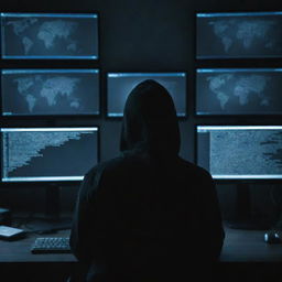 A hacker in a dimly lit room, eyes focused on multiple monitor screens showing a flurry of code, symbolizing mystery and anonymity.