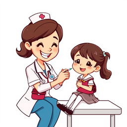 A cartoon-style illustration featuring a cheerful nurse vaccinating a young girl dressed in a school uniform