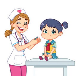 A cartoon-style illustration featuring a cheerful nurse vaccinating a young girl dressed in a school uniform