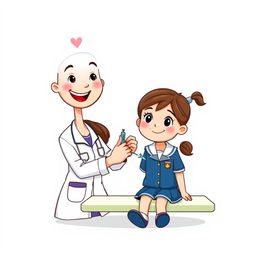 A cartoon-style illustration featuring a cheerful nurse vaccinating a young girl dressed in a school uniform