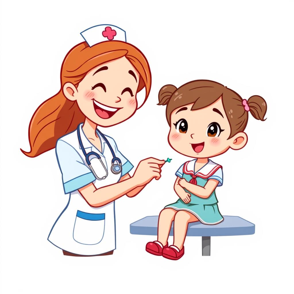 A cartoon-style illustration featuring a cheerful nurse vaccinating a young girl dressed in a school uniform