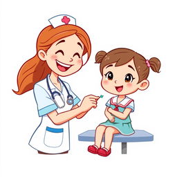 A cartoon-style illustration featuring a cheerful nurse vaccinating a young girl dressed in a school uniform