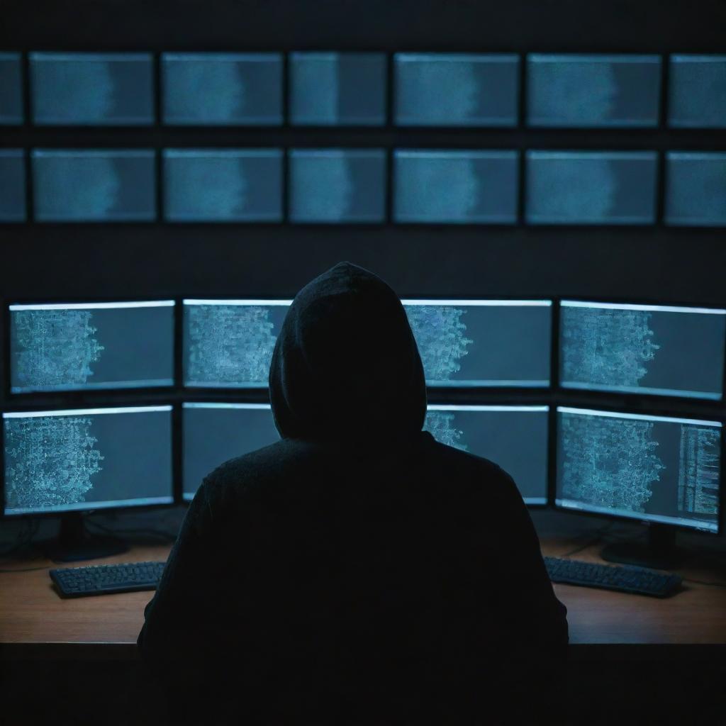 A hacker in a dimly lit room, eyes focused on multiple monitor screens showing a flurry of code, symbolizing mystery and anonymity.