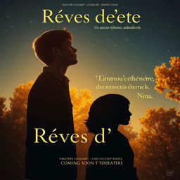 A romantic movie poster for 'Rêves d'été', showcasing a silhouette of a young poet gazing up at a starry sky, with linden trees softly illuminated in the background