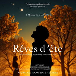 A romantic movie poster for 'Rêves d'été', showcasing a silhouette of a young poet gazing up at a starry sky, with linden trees softly illuminated in the background