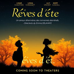 A romantic movie poster for 'Rêves d'été', showcasing a silhouette of a young poet gazing up at a starry sky, with linden trees softly illuminated in the background