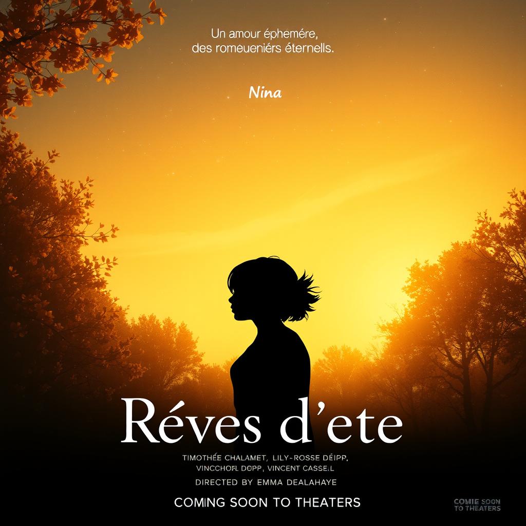 A romantic movie poster for 'Rêves d'été', showcasing a silhouette of a young poet gazing up at a starry sky, with linden trees softly illuminated in the background