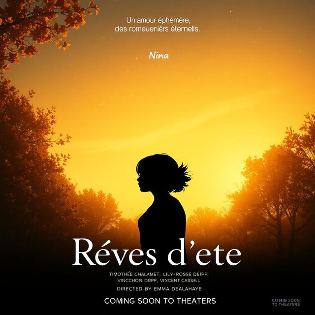 A romantic movie poster for 'Rêves d'été', showcasing a silhouette of a young poet gazing up at a starry sky, with linden trees softly illuminated in the background