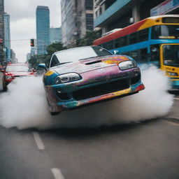 A thrilling scene of a Toyota Supra in an intense drifting maneuver, dangerously close to a colorful Philippines' jeepney bus in a bustling cityscape.