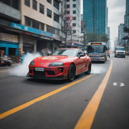 A thrilling scene of a Toyota Supra in an intense drifting maneuver, dangerously close to a colorful Philippines' jeepney bus in a bustling cityscape.