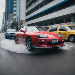 A thrilling scene of a Toyota Supra in an intense drifting maneuver, dangerously close to a colorful Philippines' jeepney bus in a bustling cityscape.