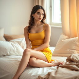 A beautiful European young woman sitting on the edge of a bed, wearing a vibrant yellow mini skirt and a fitted tank top