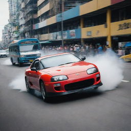 A thrilling scene of a Toyota Supra in an intense drifting maneuver, dangerously close to a colorful Philippines' jeepney bus in a bustling cityscape.