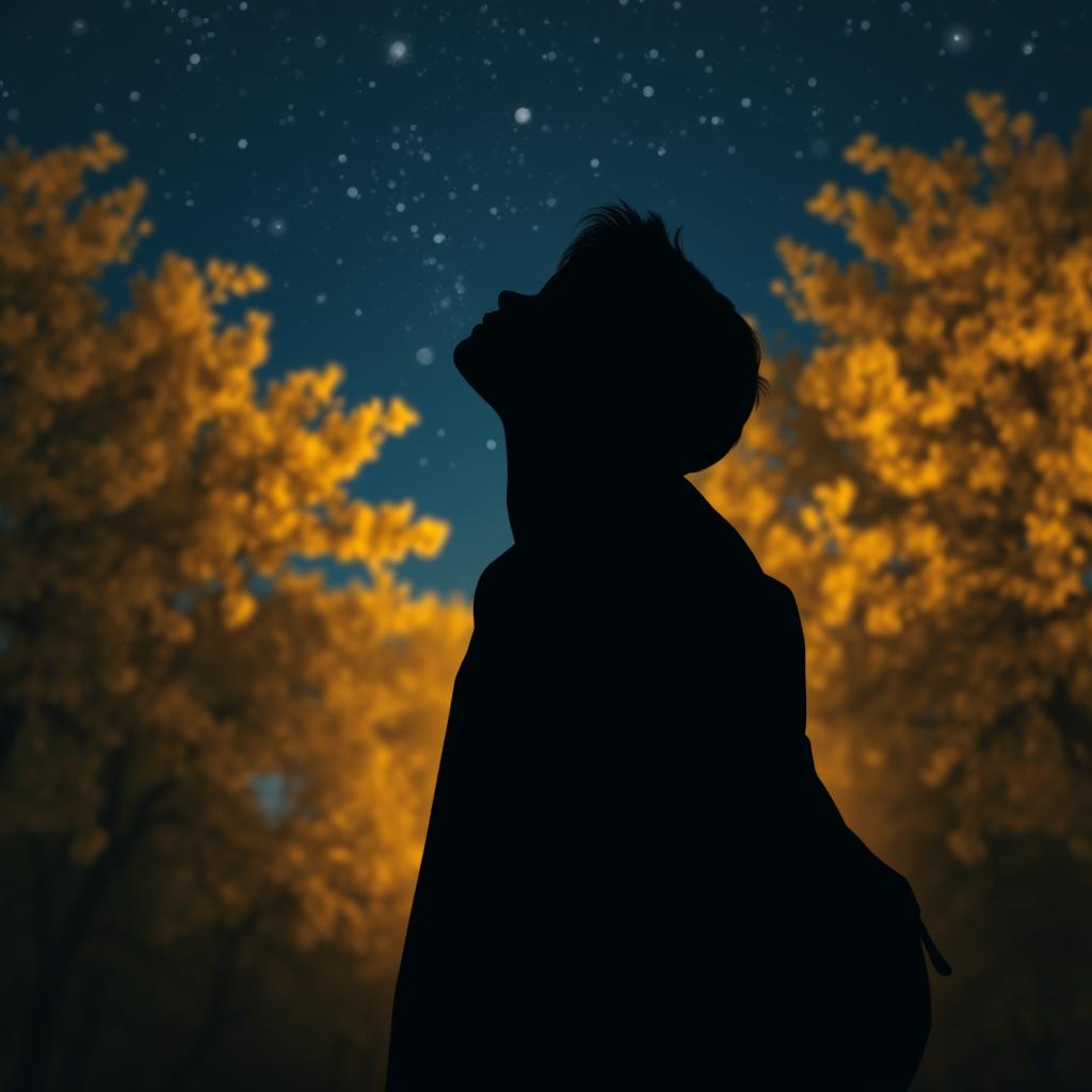 A captivating scene featuring a silhouette of a young poet gazing up at a starry sky, with softly lit linden trees in the background