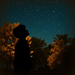 A captivating scene featuring a silhouette of a young poet gazing up at a starry sky, with softly lit linden trees in the background