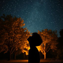 A captivating scene featuring a silhouette of a young poet gazing up at a starry sky, with softly lit linden trees in the background