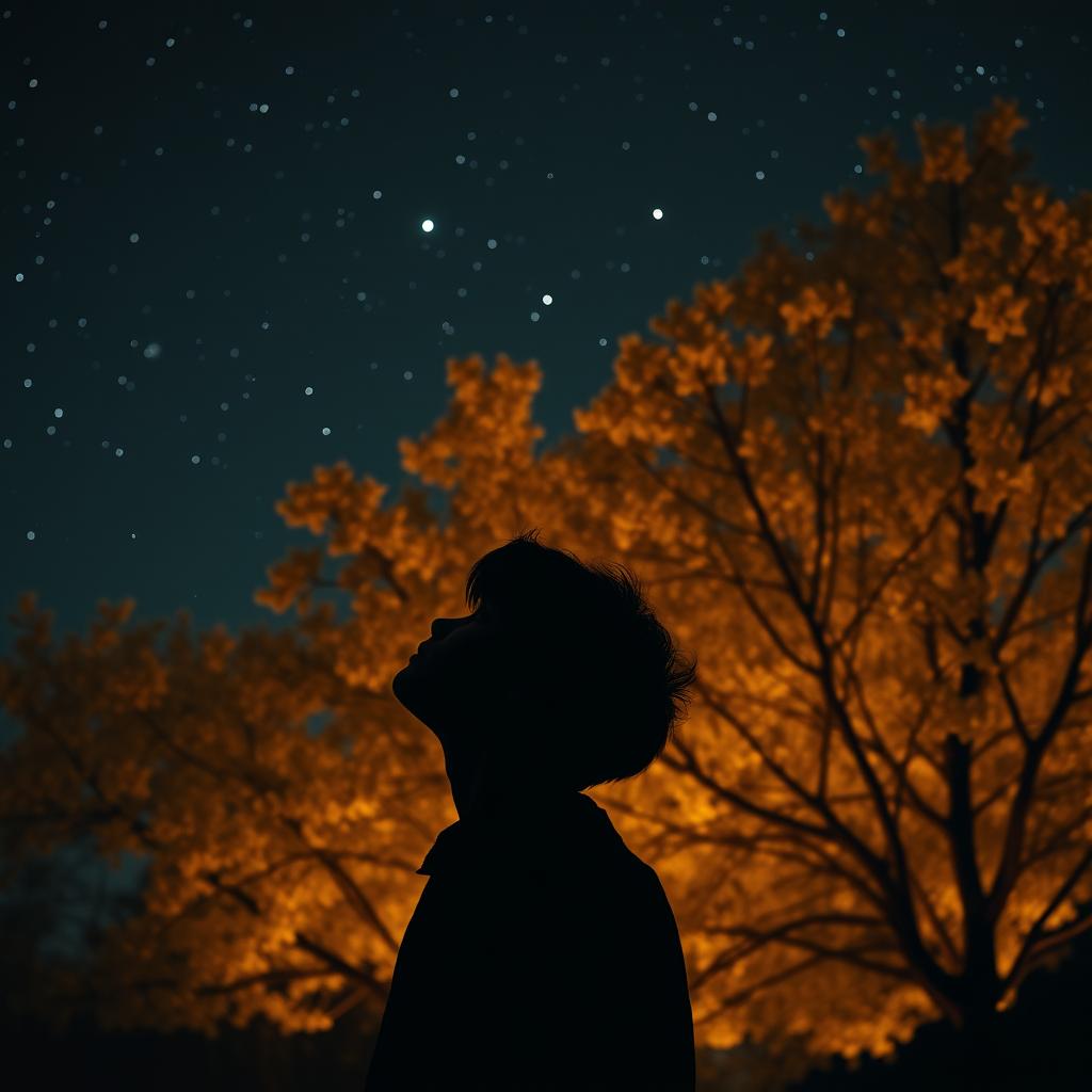 A captivating scene featuring a silhouette of a young poet gazing up at a starry sky, with softly lit linden trees in the background