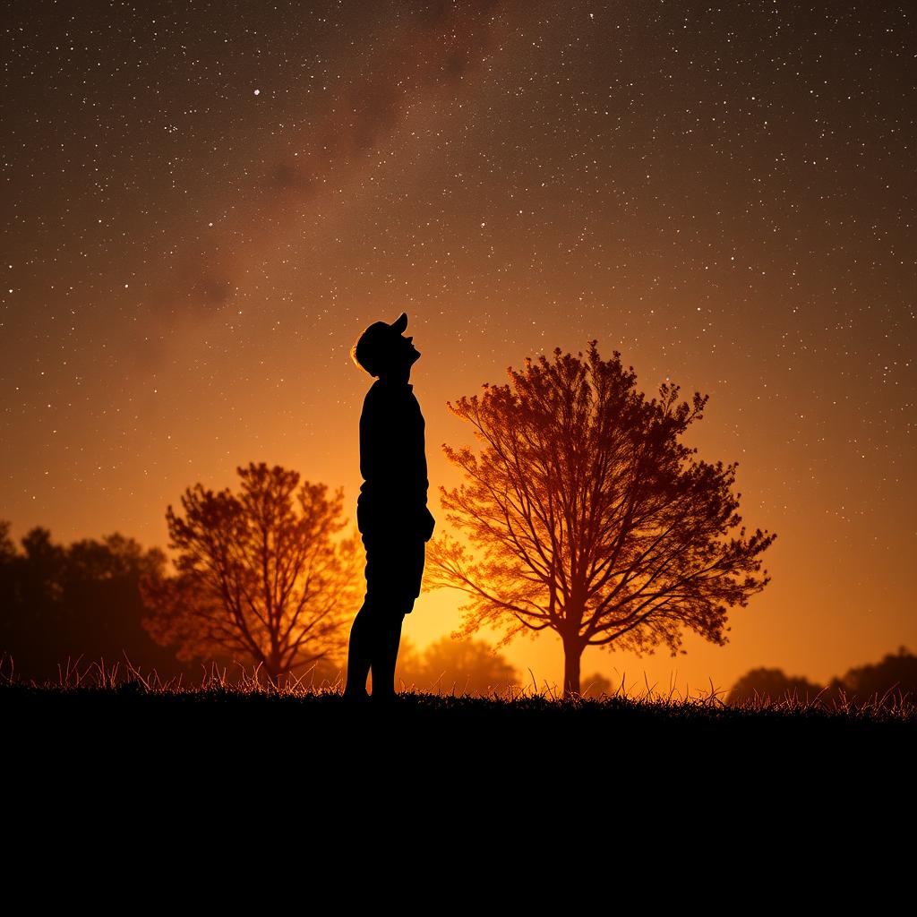 A mesmerizing scene featuring a silhouette standing and gazing up at a starry sky, with linden trees gently positioned in the background