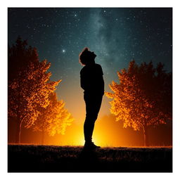 A mesmerizing scene featuring a silhouette standing and gazing up at a starry sky, with linden trees gently positioned in the background