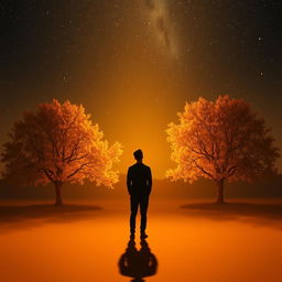 A mesmerizing scene featuring a silhouette standing and gazing up at a starry sky, with linden trees gently positioned in the background