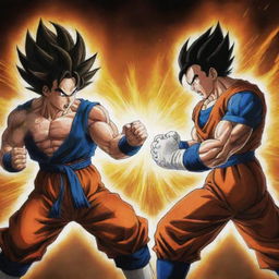 A powerful action scene between Goku and Vegeta from Dragon Ball Z, both powering up, their energy causing a dynamic and explosive backdrop.