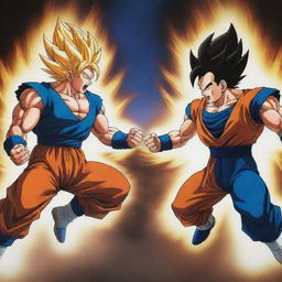 A powerful action scene between Goku and Vegeta from Dragon Ball Z, both powering up, their energy causing a dynamic and explosive backdrop.