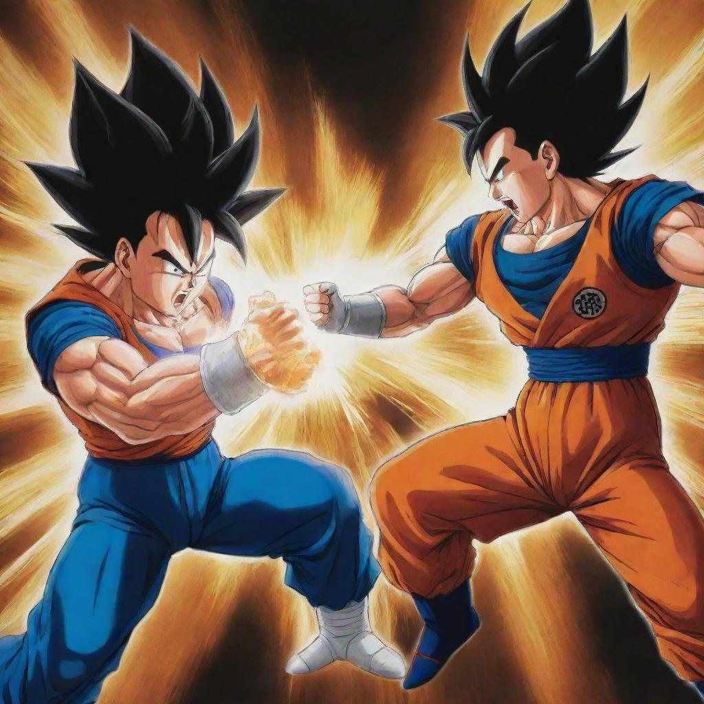 A powerful action scene between Goku and Vegeta from Dragon Ball Z, both powering up, their energy causing a dynamic and explosive backdrop.