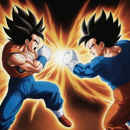 A powerful action scene between Goku and Vegeta from Dragon Ball Z, both powering up, their energy causing a dynamic and explosive backdrop.