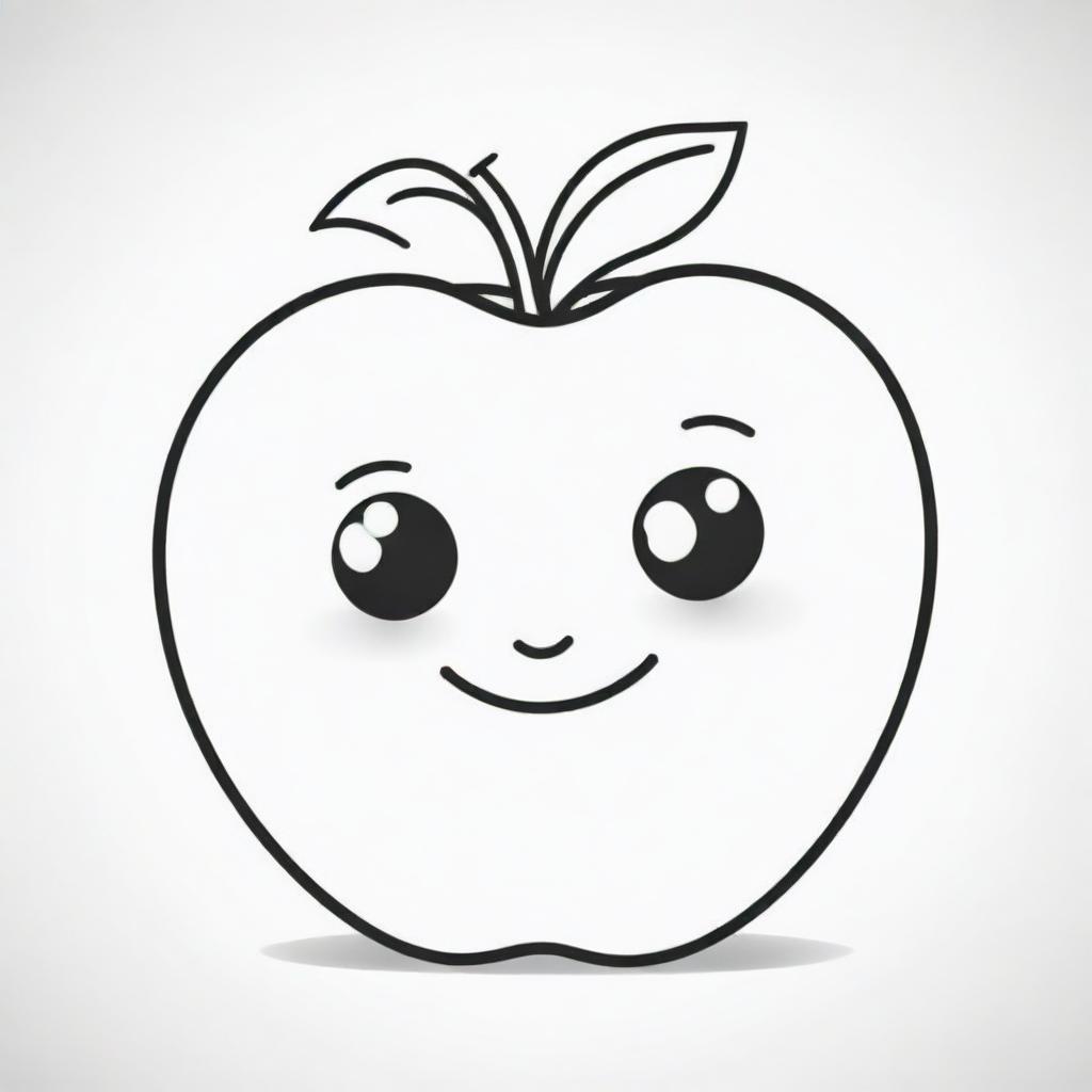 A black and white cartoon image of a cute smiling apple with big round eyes, outlined with thick lines, perfect for coloring activities aimed at 2-8 year olds.