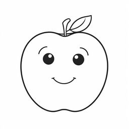 A black and white cartoon image of a cute smiling apple with big round eyes, outlined with thick lines, perfect for coloring activities aimed at 2-8 year olds.