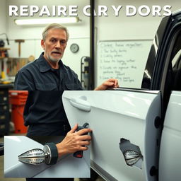 A detailed instructional video scene on repairing car doors, showcasing a mechanic demonstrating steps to fix dents, scratches, and common bodywork issues