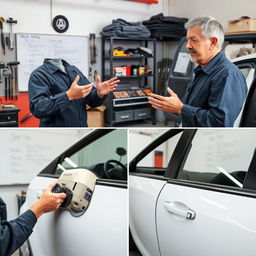 A detailed instructional video scene on repairing car doors, showcasing a mechanic demonstrating steps to fix dents, scratches, and common bodywork issues