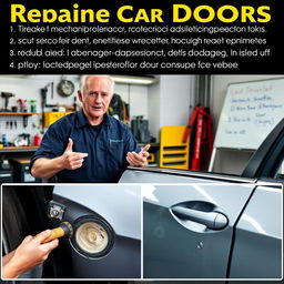 A detailed instructional video scene on repairing car doors, showcasing a mechanic demonstrating steps to fix dents, scratches, and common bodywork issues