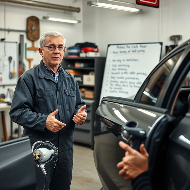 A detailed instructional video scene on repairing car doors, showcasing a mechanic demonstrating steps to fix dents, scratches, and common bodywork issues