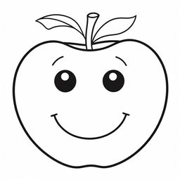 A black and white cartoon image of a cute smiling apple with big round eyes, outlined with thick lines, perfect for coloring activities aimed at 2-8 year olds.