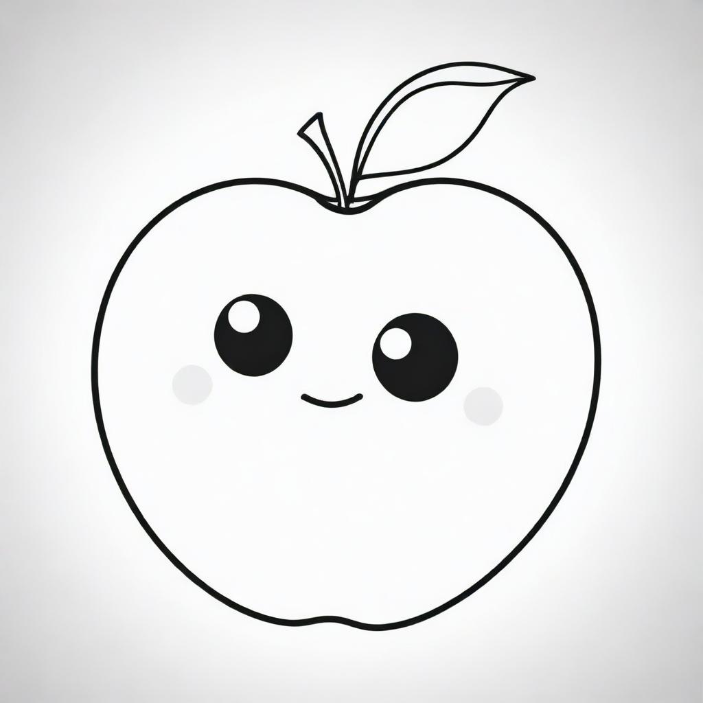 A black and white cartoon image of a cute smiling apple with big round eyes, outlined with thick lines, perfect for coloring activities aimed at 2-8 year olds.